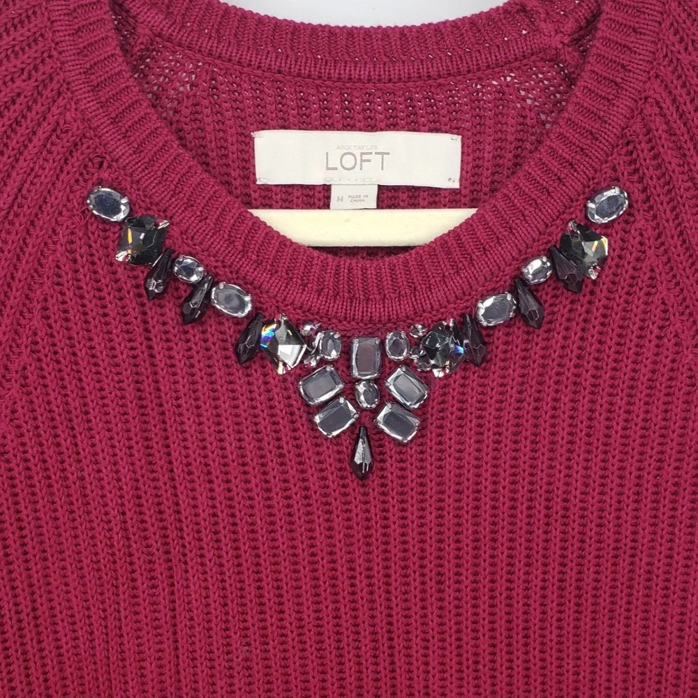 LOFT Jeweled Crew Neck Sweater M Embellished Beaded Ribbed Knit Cotton Silk‎ Red